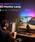Gamer using RGB Monitor Light Bar For Eye Care With Four Modes And Color Temperature Adjustable From 2900K To 6000K USB Powered Reading Lamp No Glare Flicker Free Space Saving For All Monitors on desk setup
