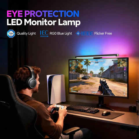 Gamer using RGB Monitor Light Bar For Eye Care With Four Modes And Color Temperature Adjustable From 2900K To 6000K USB Powered Reading Lamp No Glare Flicker Free Space Saving For All Monitors on desk setup