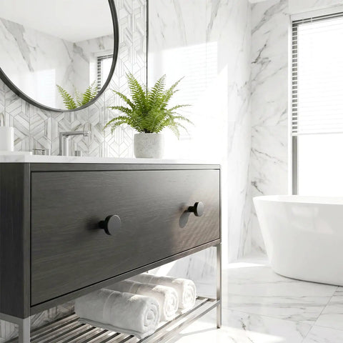 Bathroom with vanity featuring Two Pack Black Cabinet Knobs And Drawer Pulls For Kitchen Dresser And Closet Doors Round Pulls With Easy Install Includes Screwdriver Bifold Door Compatibility Sleek Matte Black Finish.