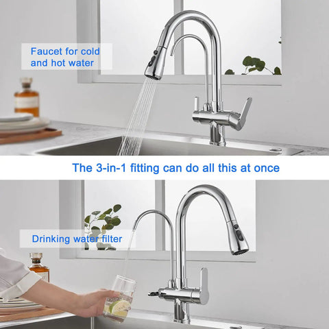 3 In 1 Kitchen Faucet With Hot Cold And RO Drinking Water No Brainer Two Handle Pull Down Chrome Faucet For Under Sink