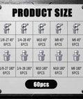 Solid 60 Piece Grease Fittings Kit With Zinc Plated Iron Zerk Assortment Featuring 45 And 180 Angle Angles Plus Mix Of Metric And Sae Threads Perfect For Slapin Up Your Ride Or Fixing Heavy Machinery., 60-piece size chart with 45° and 180° zinc plated grease fittings