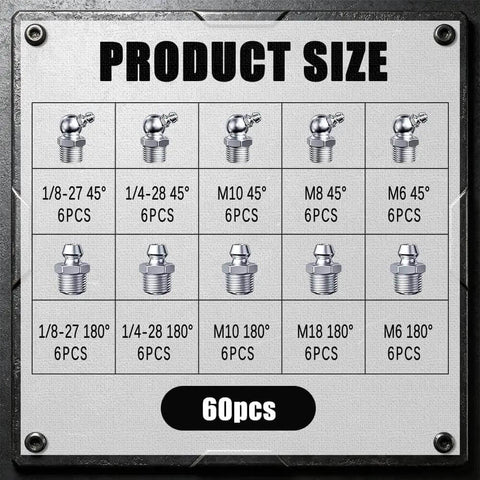 Solid 60 Piece Grease Fittings Kit With Zinc Plated Iron Zerk Assortment Featuring 45 And 180 Angle Angles Plus Mix Of Metric And Sae Threads Perfect For Slapin Up Your Ride Or Fixing Heavy Machinery., 60-piece size chart with 45° and 180° zinc plated grease fittings