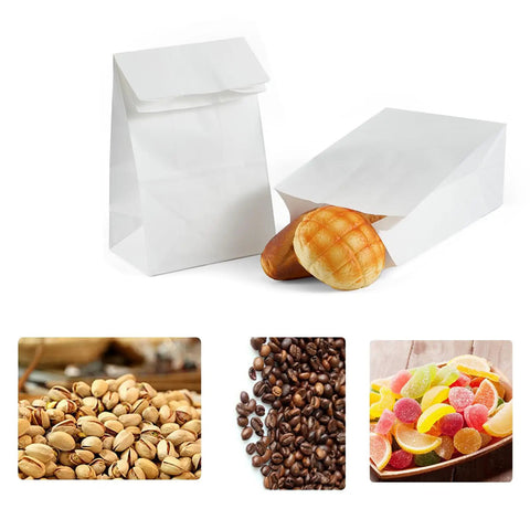 40 Count White Kraft Paper Grocery Lunch Bags With Square Bottom For Easy Grab And Go Packing Four Pound Capacity, bread inside