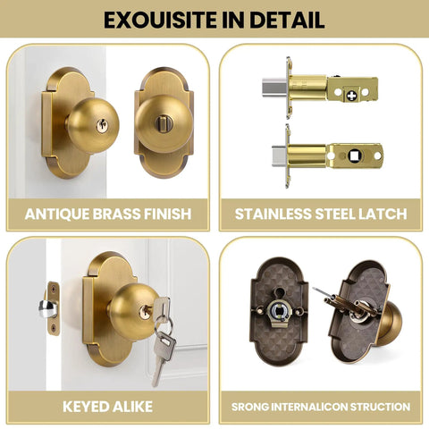 Antique Brass Door Knob With Deadbolt, Keyed Alike Exterior Lock Set, Zinc Alloy Front Door Hardware Built To Last, close-up