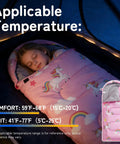 Girl sleeping in pink Kids Sleeping Bag For 3 4 Seasons With Compression Sack, unicorn design, inside a tent.