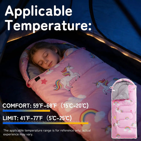 Girl sleeping in pink Kids Sleeping Bag For 3 4 Seasons With Compression Sack, unicorn design, inside a tent.
