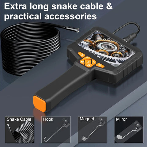 Industrial Borescope Endoscope With 4.3 Inch IPS Screen And 1920P HD Camera, Eight LED Lights, 16.5 Foot Semi Rigid Probe That Snakes Through Tight Spots For Quick Internal Inspections And Real World Diagnostics, coiled cable and accessories