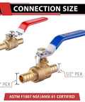 Pack Of 10 Half Inch Pex Brass Full Port Shut Off Ball Valve For Hot And Cold Water With Red And Blue Handles UPC Certified ASTM F1807 NSF ANSI 61 DZR Brass Corrosion Resistant Compatible With Stainless Steel Clamp And Copper Crimp Ring