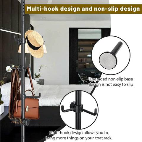 Freestanding Coat Rack With 56-125 Inch Adjustable Tension Rod 12 Hook Coat Tree Stand For Hallway Entryway Living Room Bedroom Kitchen Office No Drill Setup Black with multi-hook and non-slip design