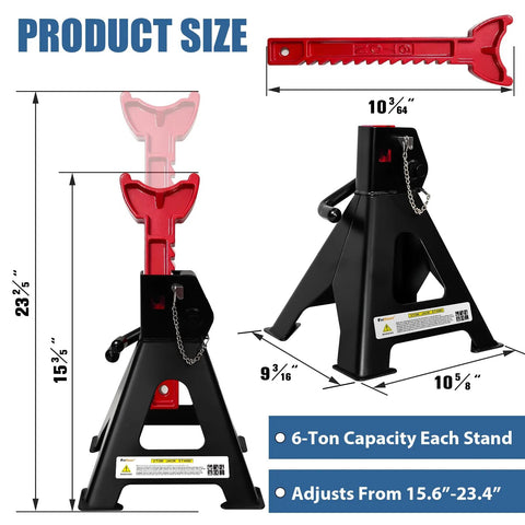 Front and side view of FITHOIST 6-Ton jack stands, black with red accents, adjustable 15.6–23.4 in, pair.