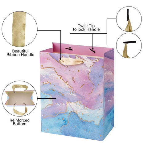 Colorful Marble Pattern Gift Bags with Tissue Paper and Gold Foil Accents, Medium Size 7x4x9 Inches, 4 Pack, showing ribbon handle and reinforced bottom