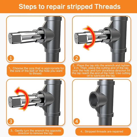 Step-by-step guide on repairing threads using the Six Piece NPT Pipe Tap Set in Carbon Steel for Plumbers and DIYers.
