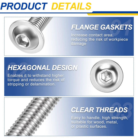 Image showing product details of 25 Pcs M6 1x12mm 304 Stainless Steel Flanged Button Head Socket Cap Screws Kit With Allen Drive.