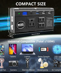 Plug And Play Road Trip Essential 120W Car Power Inverter 12V 24V To 110V AC with 3 AC outlets and USB ports on a compact design.