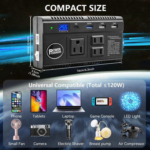 Plug And Play Road Trip Essential 120W Car Power Inverter 12V 24V To 110V AC with 3 AC outlets and USB ports on a compact design.