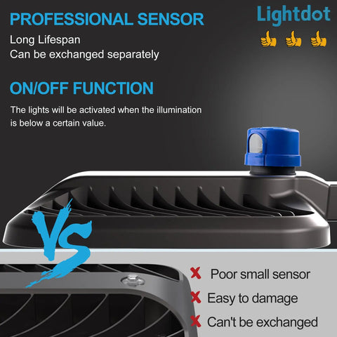 Close-up of Ultra Bright LED Parking Lot Light Arm Mount showing professional sensor and on/off function features.
