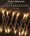 100 Count Mini Clear Christmas Lights On 21 Feet White Wire with dimensions on dark background