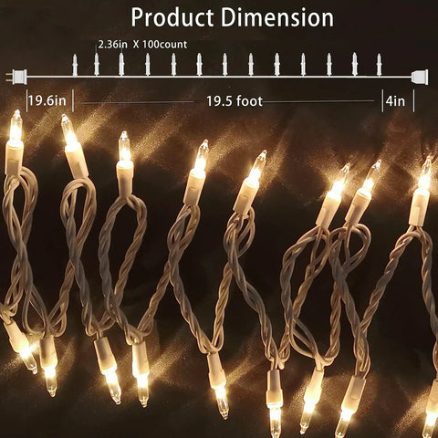 100 Count Mini Clear Christmas Lights On 21 Feet White Wire with dimensions on dark background