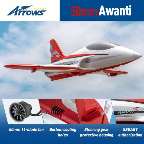 50mm EDF Jet RC Plane For Adults, 4 channel remote control with red vector stabilizer, featuring ducted fan and brushless motor