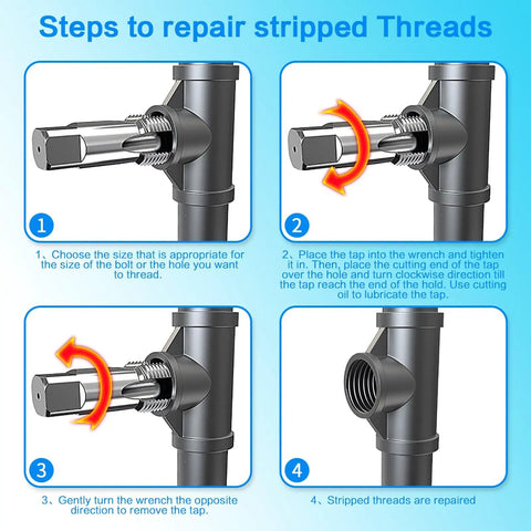 Illustration of using 3-Piece NPT Pipe Tap Set For 1-In, 1-1/4-In, And 1-1/2-In Pipe Fittings in threaded repairs.