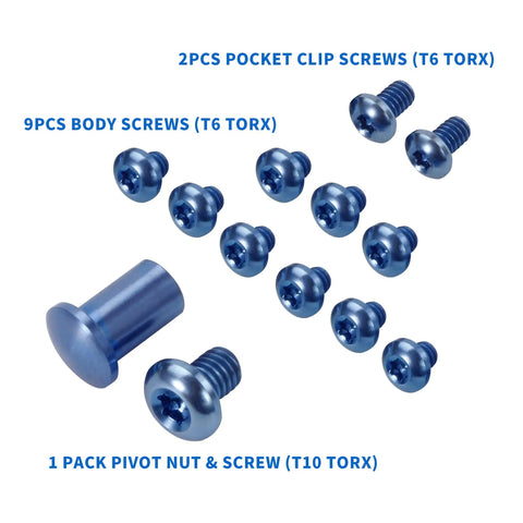 Slick Titanium Screw And Pivot Dress Kit For Folding Knives delivering a tight fit with 13 titanium screws and pivot hardware.
