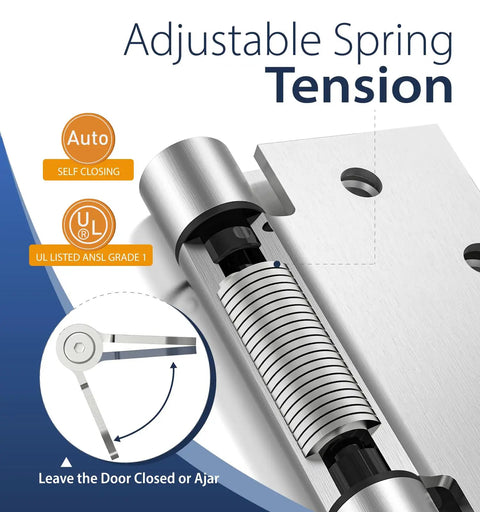 Self Closing Door Hinges 4.5 Inch Spring Hinges with Adjustable Tension UL Listed Brushed Nickel focus on mechanism
