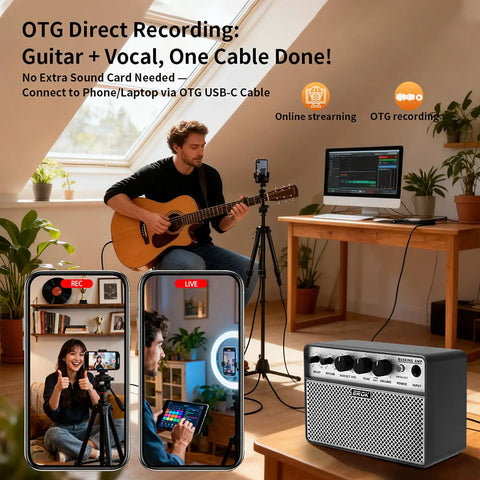 Compact Mini Electric Guitar Amp With 3.5mm Headphone Aux Input Dual 5W Speakers for practice, shown in a home recording setup
