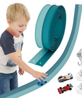 Child playing with Endless 15 Foot Flexible Race Track For Kids with dual color design and 3 cars, includes suction cups.