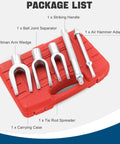 5 Piece Ball Joint Separator Tool Set Pickle Fork Kit For Cars And Light Trucks With Ball Joint, Tie Rod, Pitman Arm shown with case