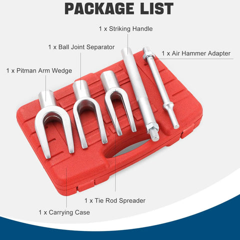 5 Piece Ball Joint Separator Tool Set Pickle Fork Kit For Cars And Light Trucks With Ball Joint, Tie Rod, Pitman Arm shown with case