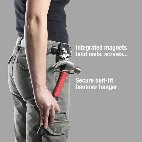 Heavy Duty Magnetic Tool Belt Holster with Hammer Loop Belt Clip in use on person holding hammer