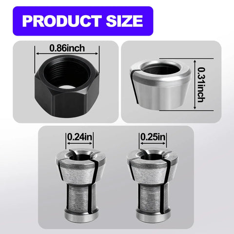 Collet Nut Kit Replacement For Makita Tools Fits One Quarter Inch And 6mm Collets showing product dimensions and sizes