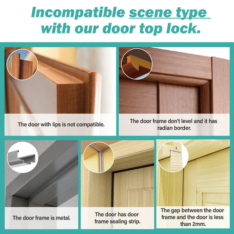 Incompatible door designs for Top Door Lock For Kids Safety Adjustable Saddle Design Made From Durable Metal For 0.8 To 2 Inch Interior Doors