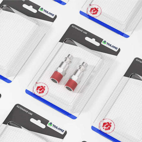 Durable 1/4 Inch Pneumatic Male Plug Connector Fits Air Hose Systems Fast Connects With Zinc Plated Alloy Steel For Heavy Duty Use At Up To 300 Psi in retail packaging