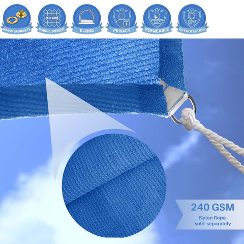 Close-up of 7 Foot By 12 Foot Sun Shade Sail With Straight Edge 240GSM Canopy Shade Cover Featuring D Ring Grommets UV Block Breathable Outdoor Shade For Pergola Garden Patio Deck Backyard Blue showing texture and D-ring
