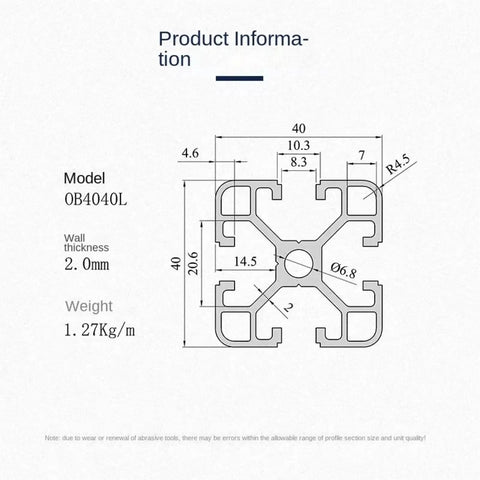 Top Grade 4040 T-Slot Aluminum Profile Extrusion Linear Rail Rods detailed dimensions and specifications diagram.