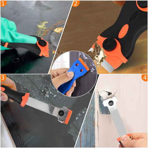 Heavy Duty Window Scraper Tool Set 3 Pack With 50 Plastic Blades And 30 Metal Blades For Taking Off Labels And Stickers, Tint And Grease From Windshields, Glass, Appliances And More