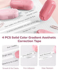 Pink correction tapes with smooth application, featuring text about quality and durability, part of All In One Back To School Supplies Set With Case Including Black Ink Gel Pens, Correction Tapes, Pastel Highlighters, Mechanical Pencils, Erasers, Sticky Notes, Index Tabs, And Bible Study Stationery Essentials For College.