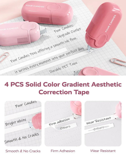Pink correction tapes with smooth application, featuring text about quality and durability, part of All In One Back To School Supplies Set With Case Including Black Ink Gel Pens, Correction Tapes, Pastel Highlighters, Mechanical Pencils, Erasers, Sticky Notes, Index Tabs, And Bible Study Stationery Essentials For College.