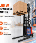 Full Electric Pallet Stacker Boasting 94 Inch Lifting Height For Busy Warehouses With 1.6 KW Motor And 3500 Lb Heavy Duty Capacity To Move Any Load Like A Champ with 1.6KW motor lifting a pallet.