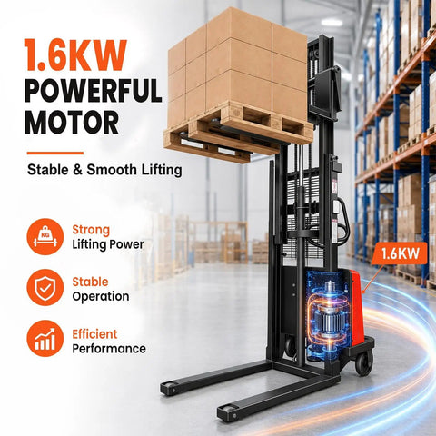 Full Electric Pallet Stacker Boasting 94 Inch Lifting Height For Busy Warehouses With 1.6 KW Motor And 3500 Lb Heavy Duty Capacity To Move Any Load Like A Champ with 1.6KW motor lifting a pallet.