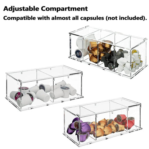Clear Acrylic 4 Compartment Coffee Capsule Holder With Lid K Cup Organizer for Pods Large Capacity Coffee Bar Storage Box
