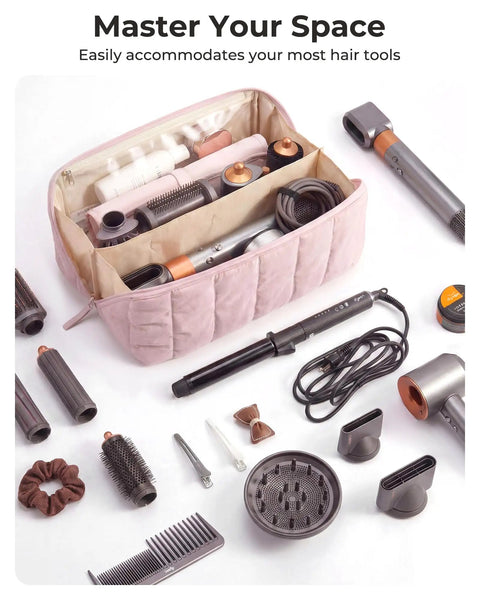 Hair Tool Organizer Travel Case For Dyson Airwrap And Shark FlexStyle with attachments, wide opening, heat resistant mat visible.