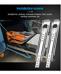 Top Shelf Heavy Duty Drawer Slides, 500 Pound Load Rating, Full Extension Ball Bearing Cabinet Runners, showing installation with folding chairs.