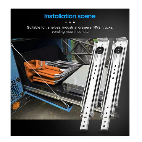 Top Shelf Heavy Duty Drawer Slides, 500 Pound Load Rating, Full Extension Ball Bearing Cabinet Runners, showing installation with folding chairs.