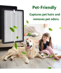 GL-FS32 Replacement Filter 2 Pack For MOOKA KOIOS Azeus Air Purifiers with happy dog and child on floor, pet-friendly feature