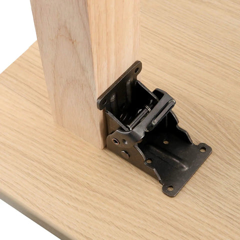 Close view of Premium Hella Sturdy Full 8 Pack Set Foldable Steel Brackets Heavy Duty Self Locking Hinges installed on wood.