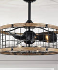 HomeStock 25-inch Selma Matte Black Cage Ceiling Fan with Faux Wood Grain Accents and Remote Control, top view with cage design.