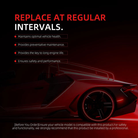 Red sports car with maintenance intervals text; "Replace at Regular Intervals" advice with vehicle maintenance benefits.