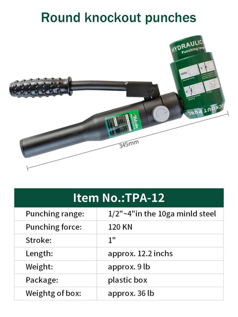 12 Ton Hydraulic Knockout Punch Kit For Electrical Conduit, heavy-duty tool, handle view, specifications listed, GREENLEE compatible
